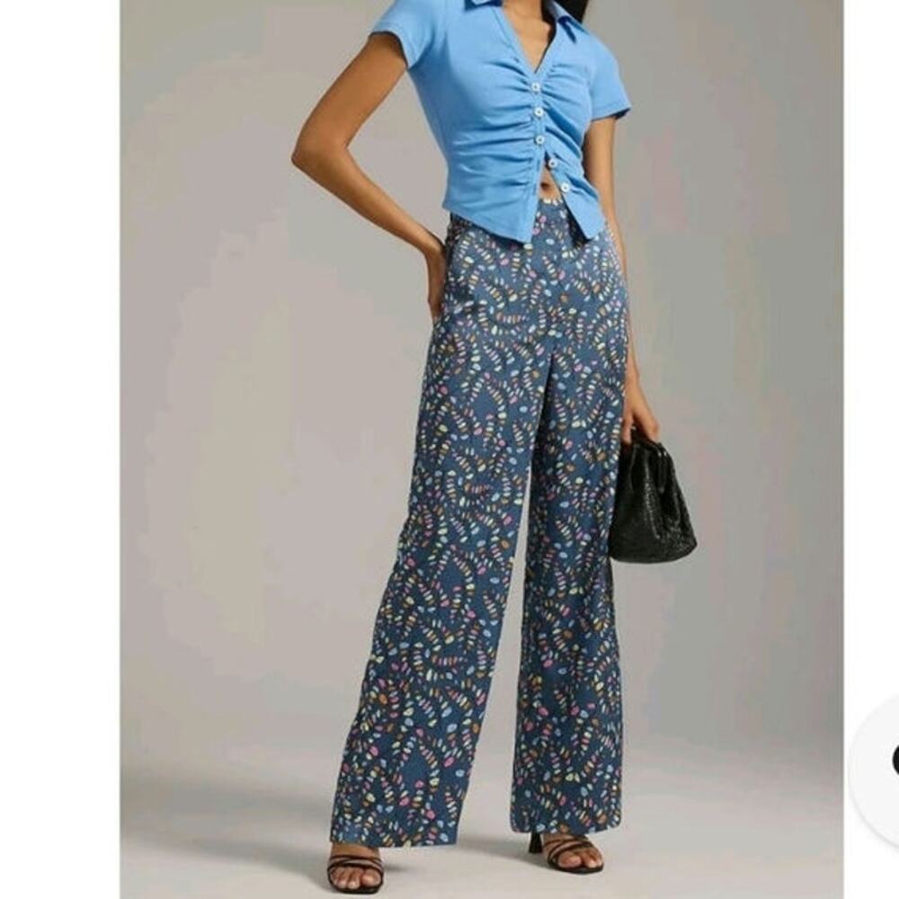 Anthropologie Stella Nova Orli leaf print blue pants size 10